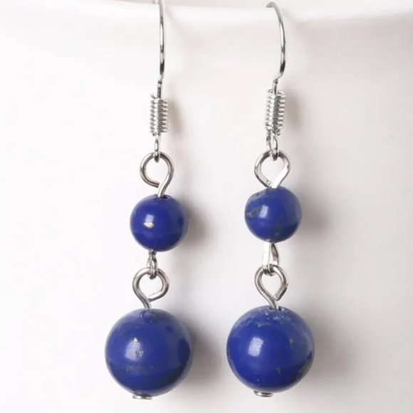 Lapis Lazuli Natural Stone Gemstone Round Beaded Healing Dangle Earrings - Picture 1 of 2